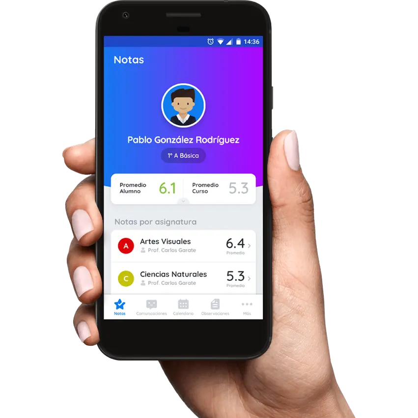 Capturas de pantalla de la App para Apoderados de Appoderado.com mostrando las secciones de notas, calendario y comunicaciones.