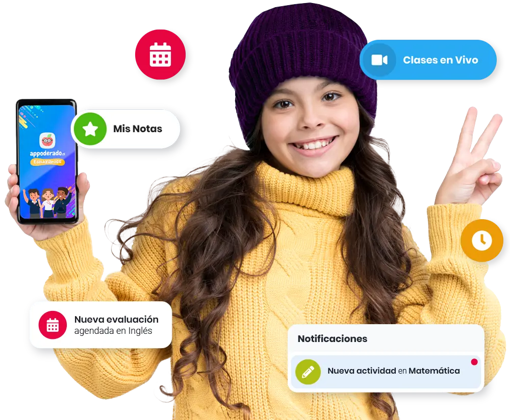 Estudiante sonriendo mientras utiliza la aplicación de Appoderado.com en su teléfono móvil.