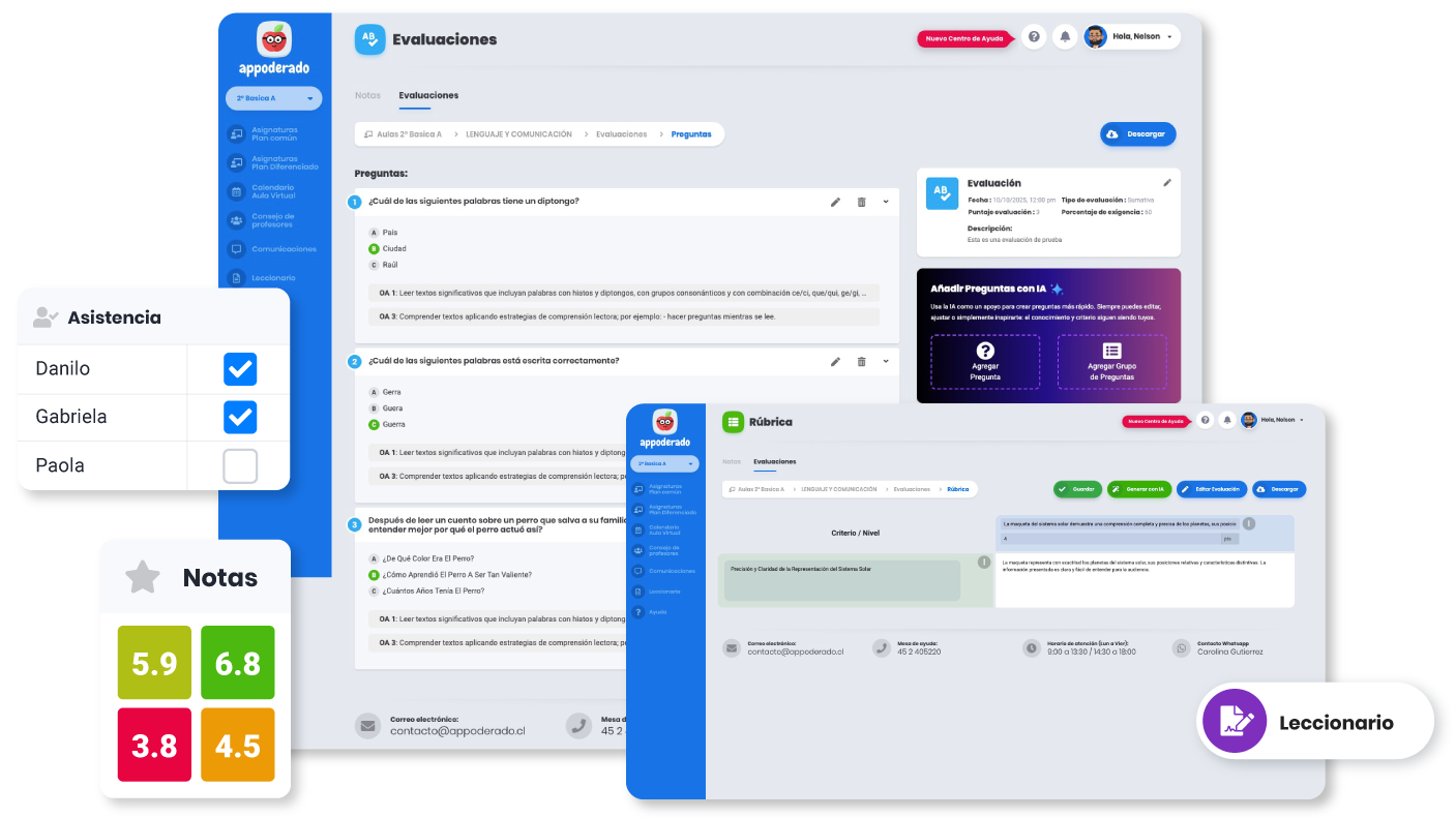 Plataforma de Appoderado.com mostrando la interfaz de gestión pedagógica con inteligencia artificial.