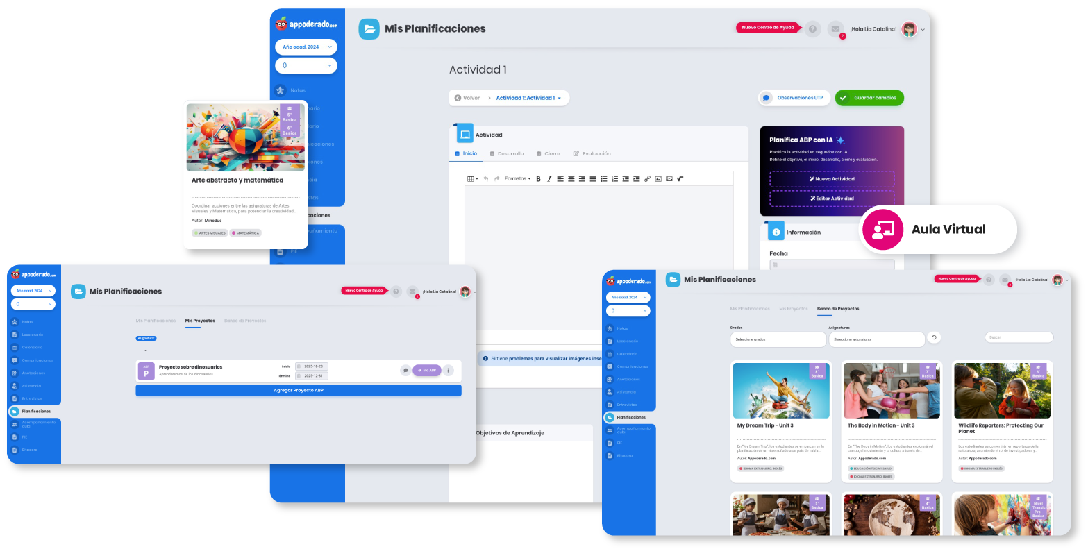 Plataforma de Appoderado.com mostrando el módulo de gestión de Aprendizaje Basado en Proyectos con etapas y rúbricas.